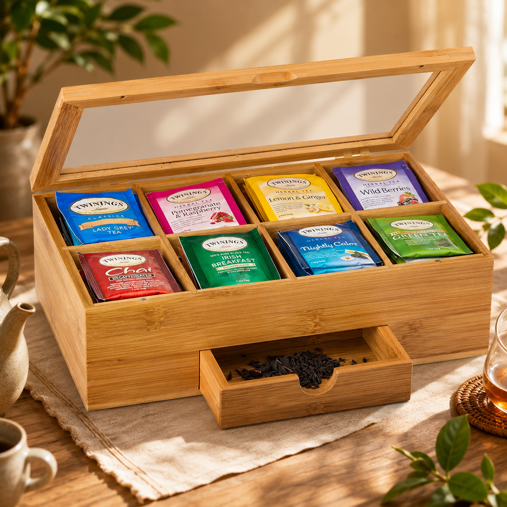 8-Compartment Bamboo Tea Organizer