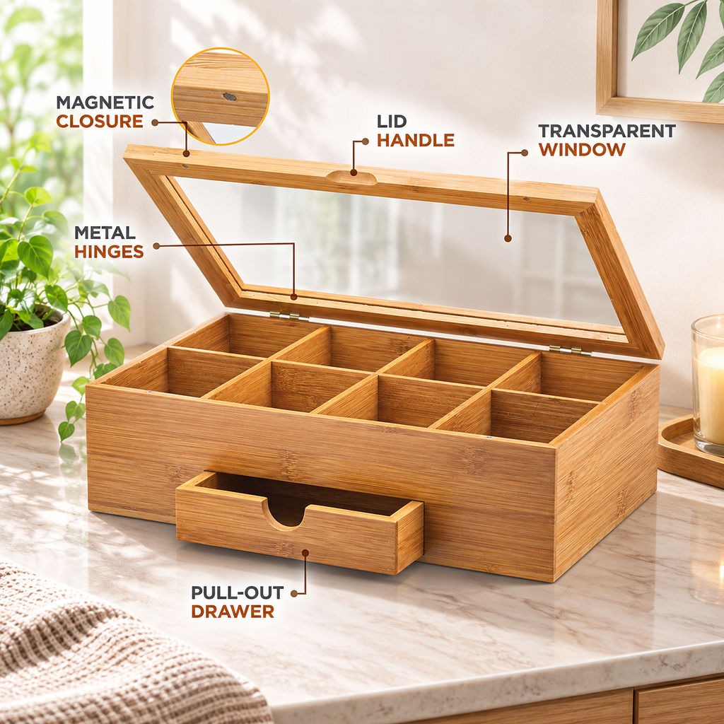 8-Compartment Bamboo Tea Organizer