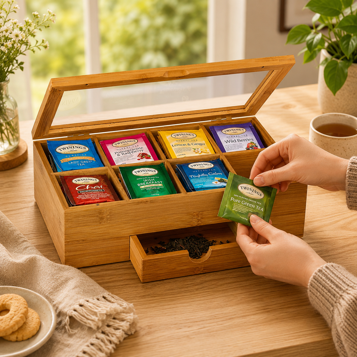 8-Compartment Bamboo Tea Organizer