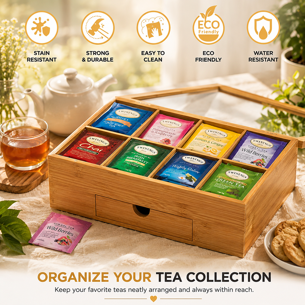 8-Compartment Bamboo Tea Organizer